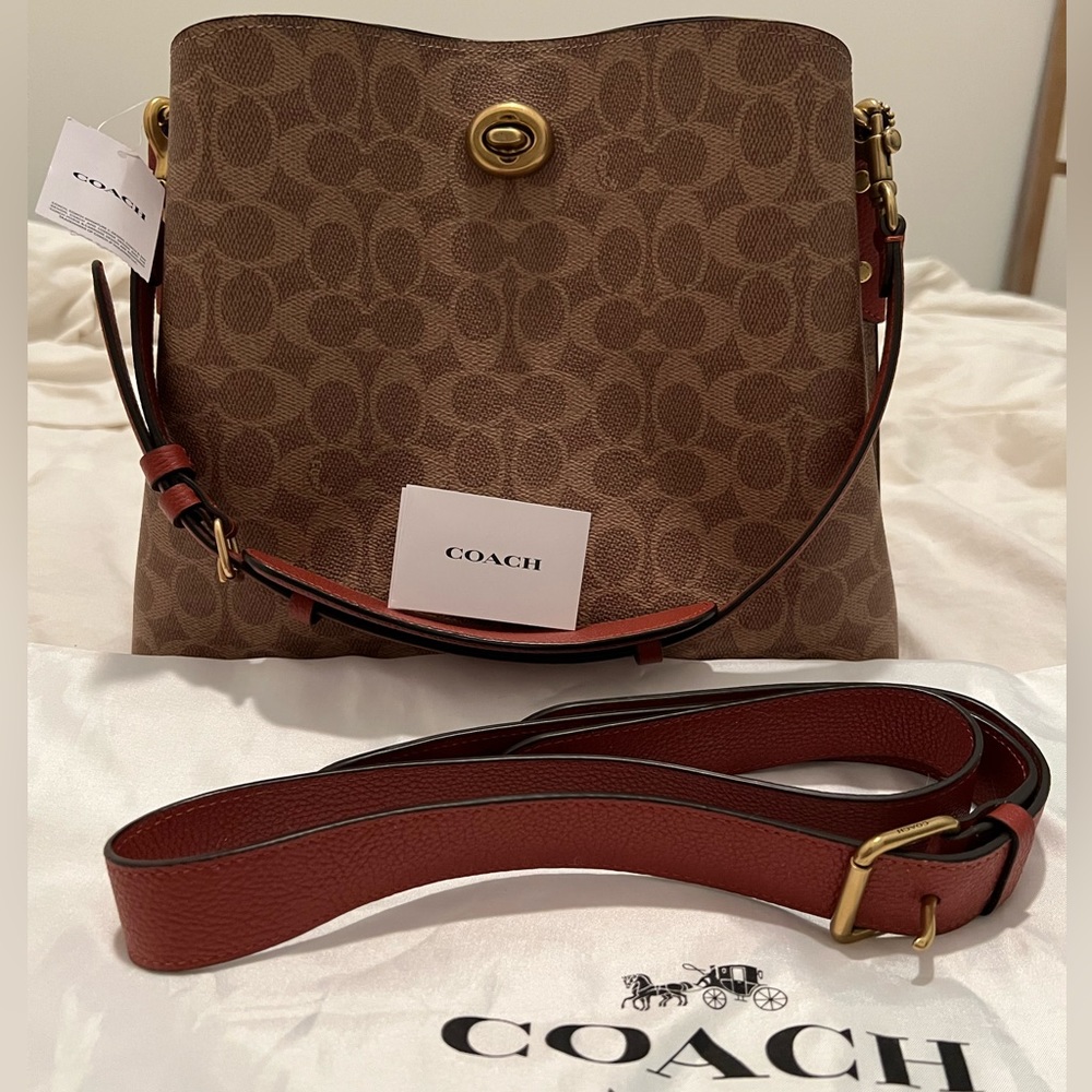 NWT Coach Willow Shoulder Bag In Signature Coated Canvas Tan Rust Original Pkg